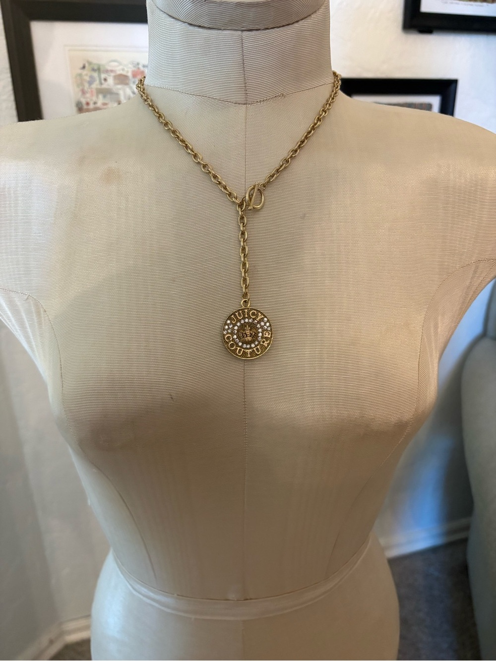 Juicy Couture Gold Medallion Lariat Necklace with Crystal Accents